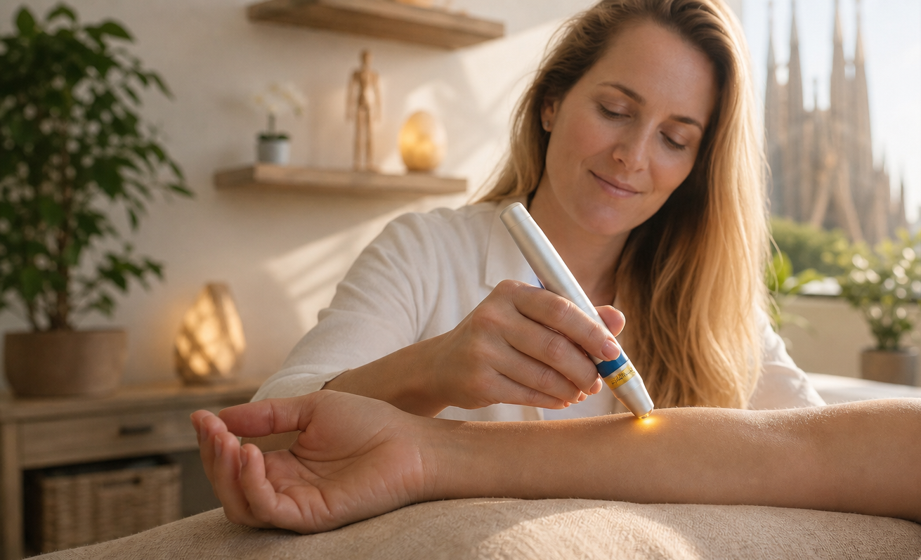 Jasmine using needle-free laser acupuncture in a calm Barcelona treatment room